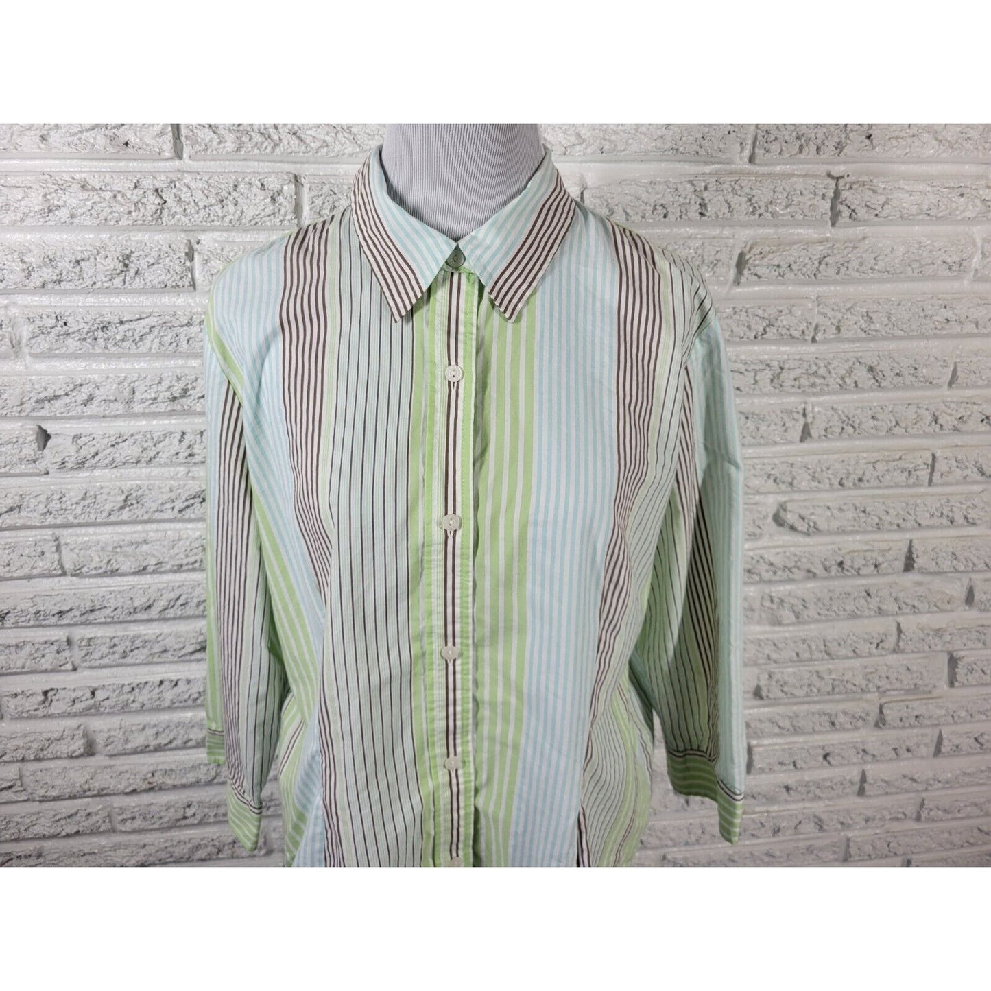 Liz Claiborne Villager Women Top 18 Long Sleeve Green Stripe Collar Cotton