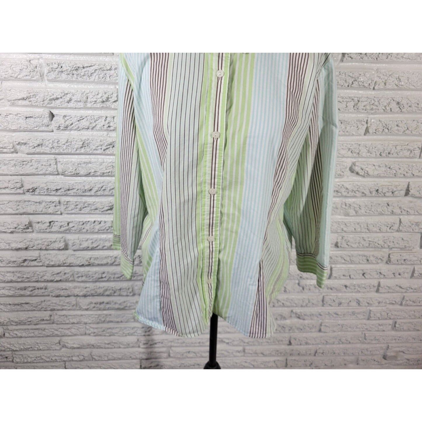 Liz Claiborne Villager Women Top 18 Long Sleeve Green Stripe Collar Cotton