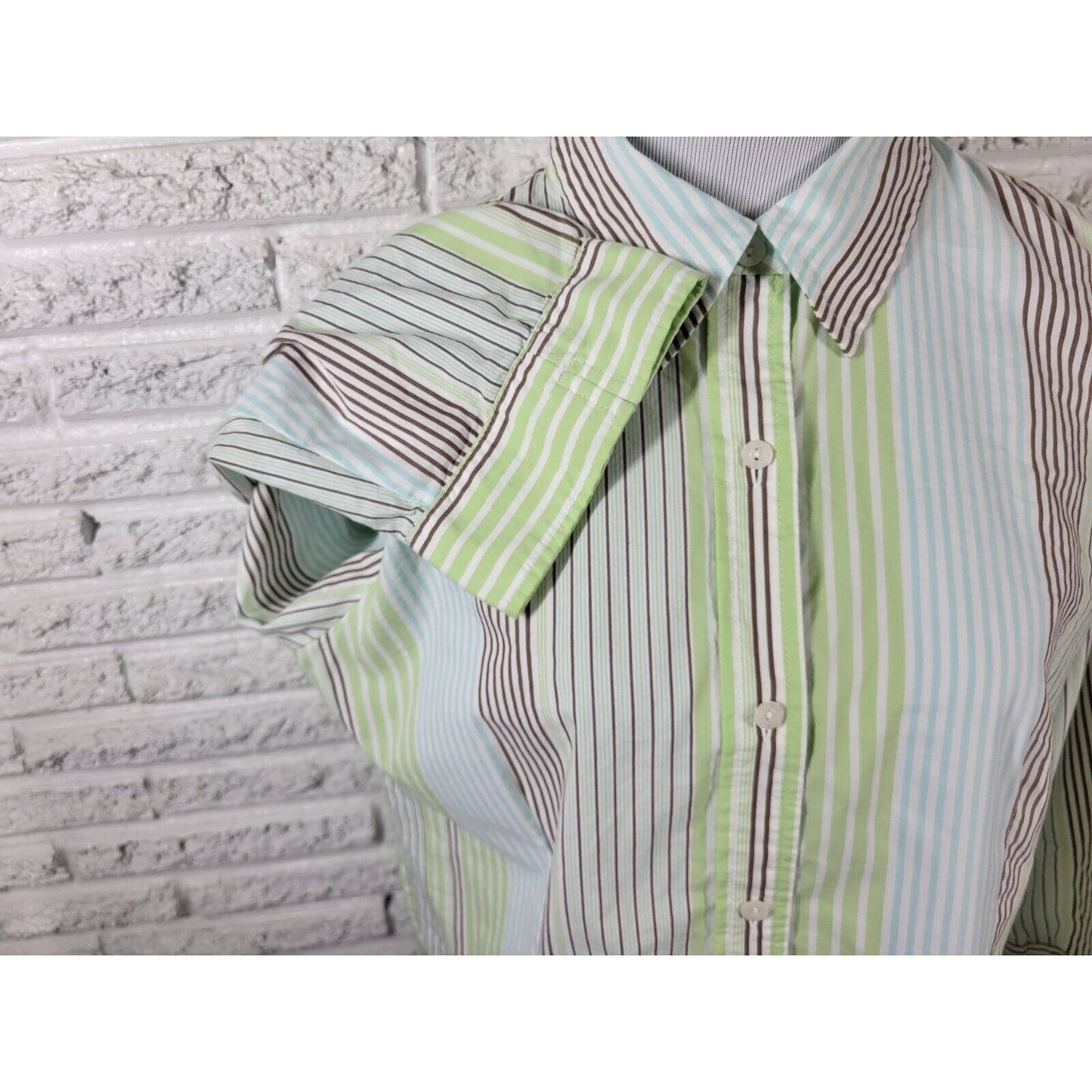Liz Claiborne Villager Women Top 18 Long Sleeve Green Stripe Collar Cotton