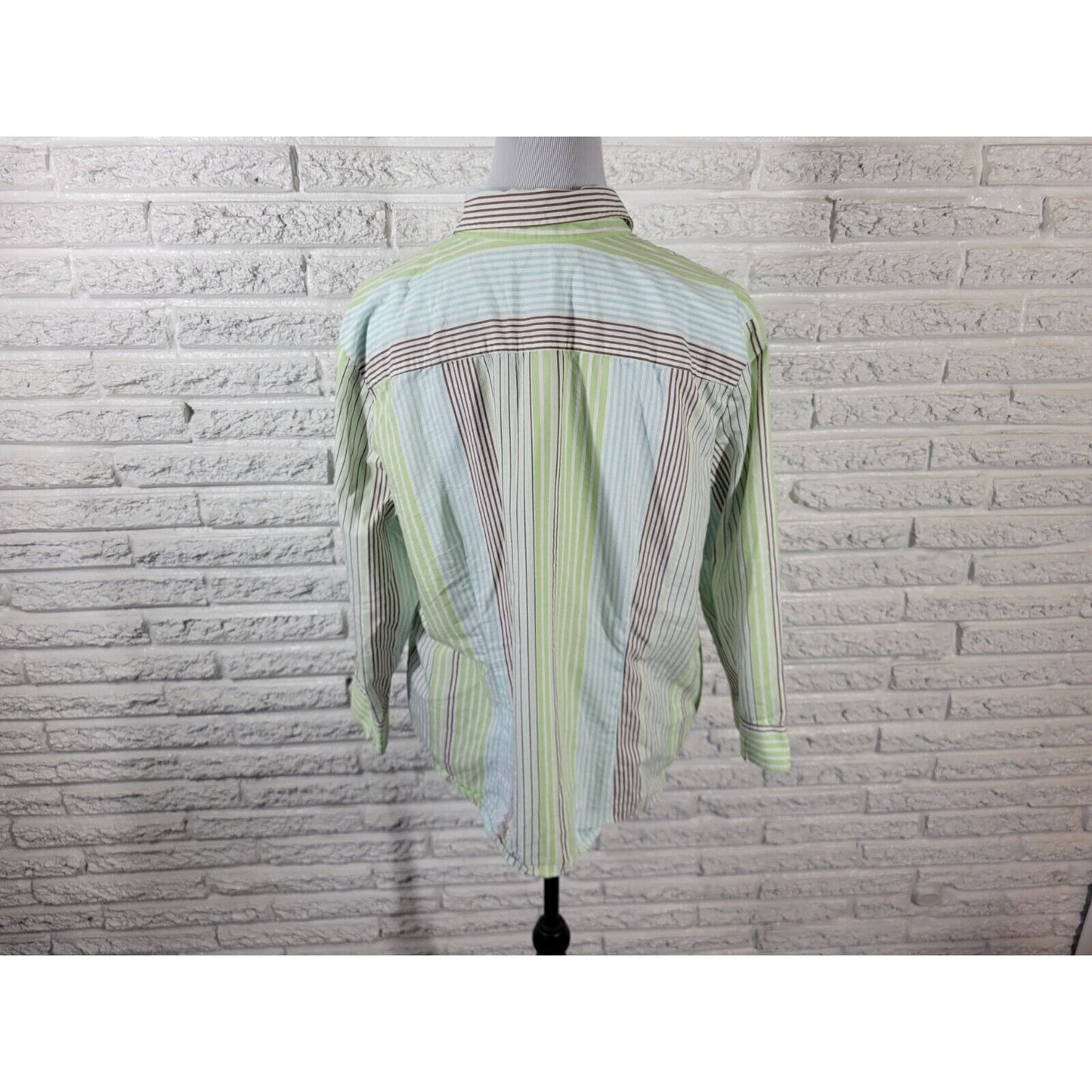 Liz Claiborne Villager Women Top 18 Long Sleeve Green Stripe Collar Cotton