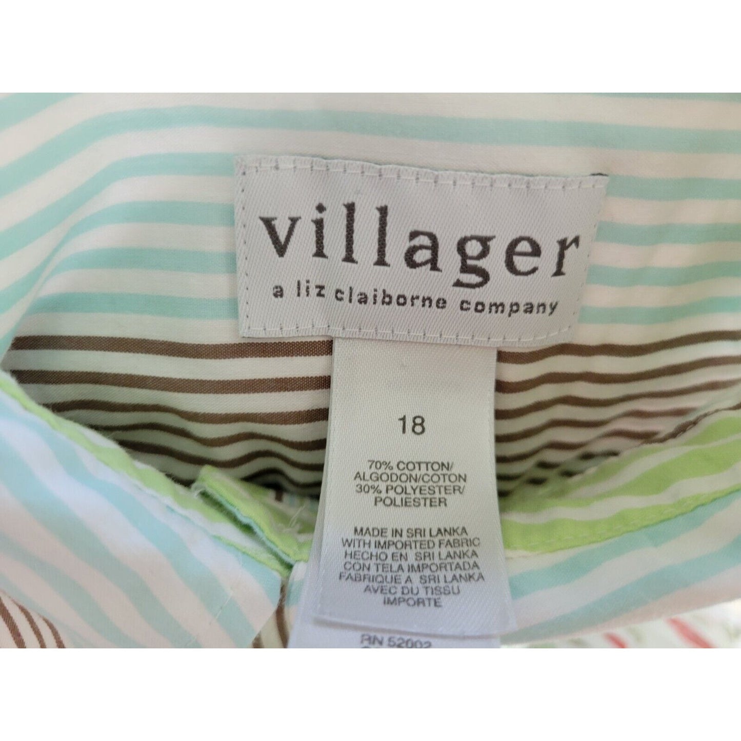 Liz Claiborne Villager Women Top 18 Long Sleeve Green Stripe Collar Cotton