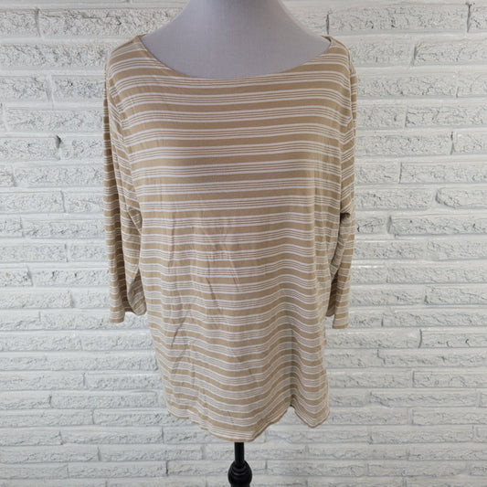 Rafaella Women Top 2X Plus Tee 3/4 Sleeve Beige Stripe Cotton Blend Comfy Casual