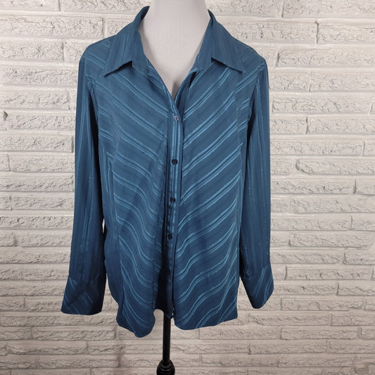 Apt 9 Womens Top 1X Plus Long Sleeve Blue Stripe Silver Metallic Poly Blend