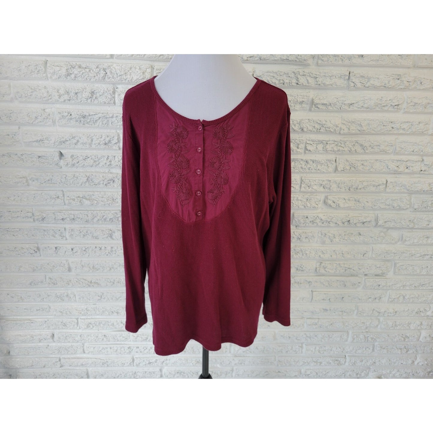 Dress Barn Womens Sweater 22 24 Plus Henley Button Burgundy Waffle Knit Ribbed