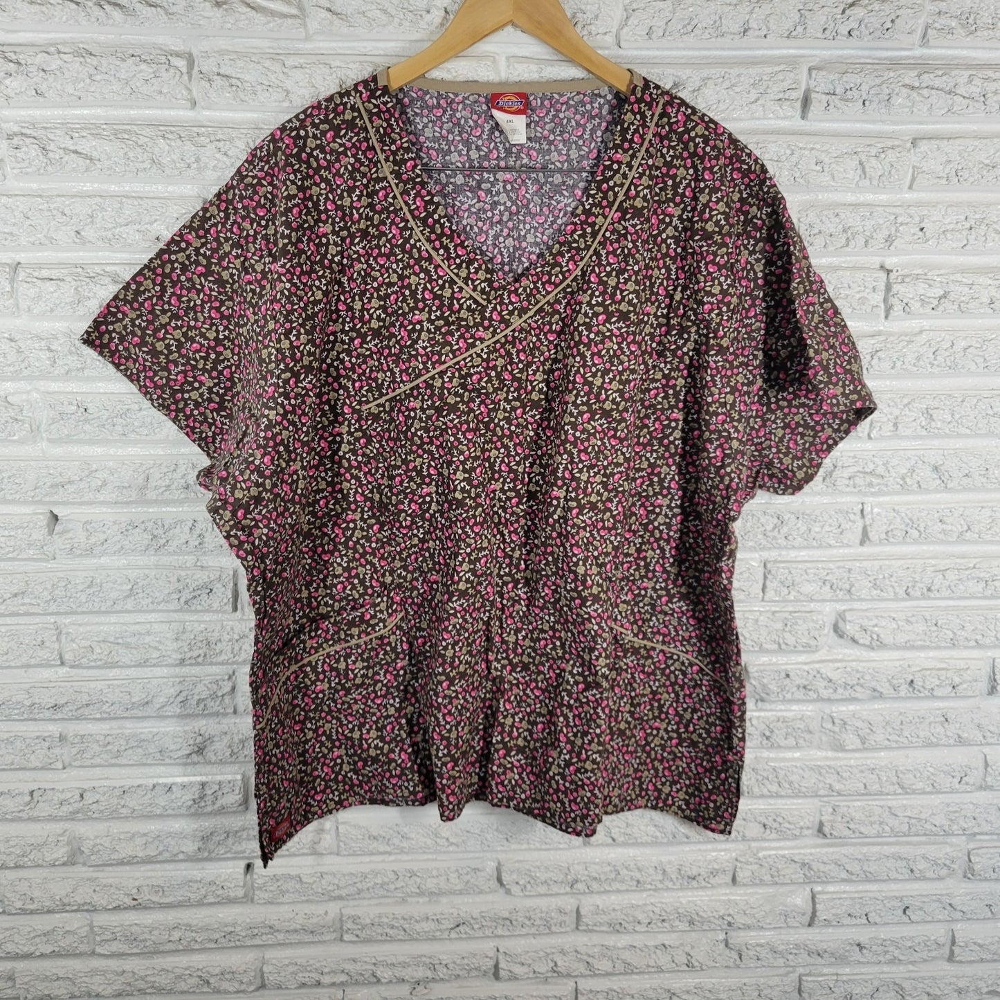 Dickies Unisex Scrub Top 4XL Plus Brown Floral Cotton Hearts Rosebuds Pockets