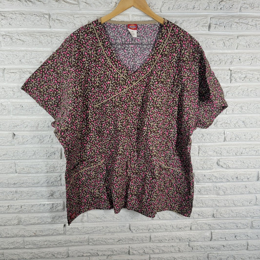 Dickies Unisex Scrub Top 4XL Plus Brown Floral Cotton Hearts Rosebuds Pockets