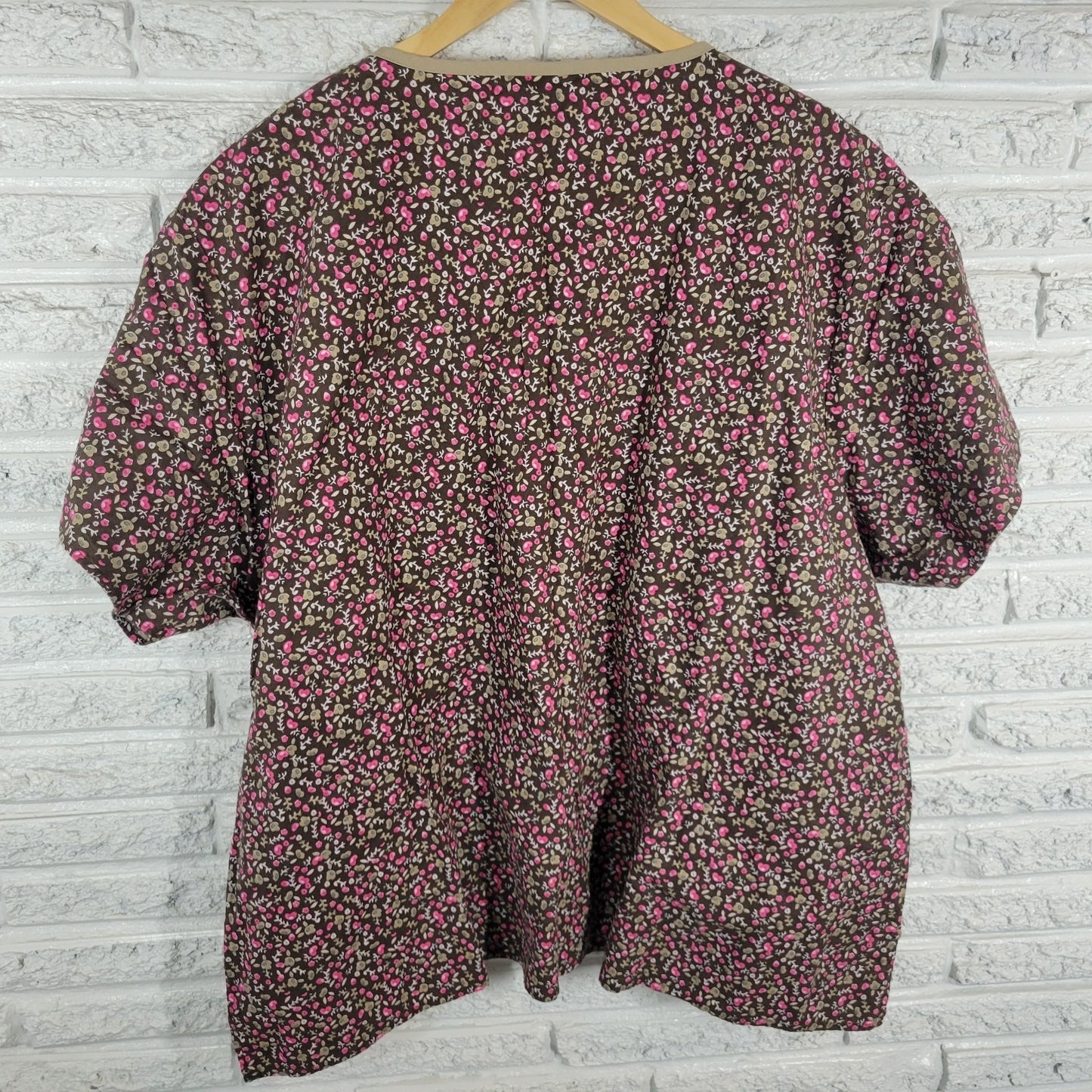 Dickies Unisex Scrub Top 4XL Plus Brown Floral Cotton Hearts Rosebuds Pockets