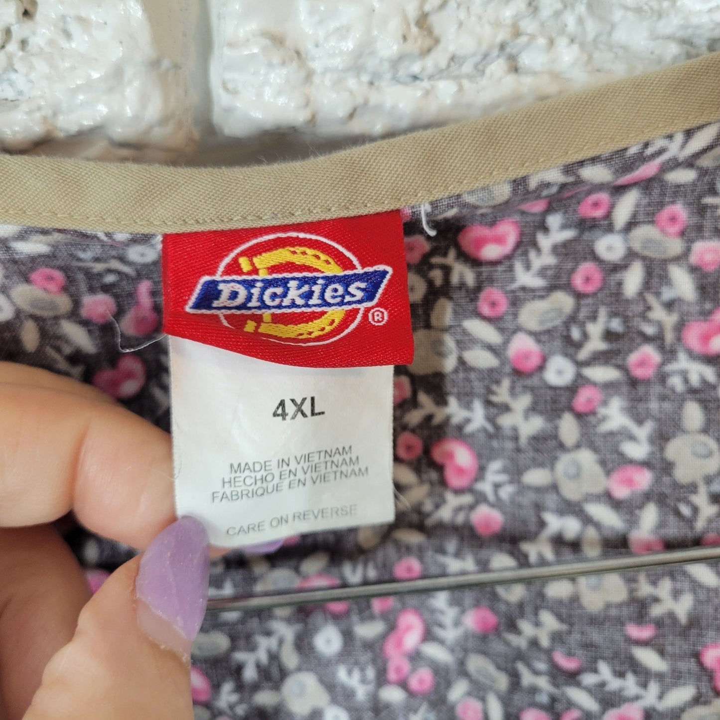 Dickies Unisex Scrub Top 4XL Plus Brown Floral Cotton Hearts Rosebuds Pockets
