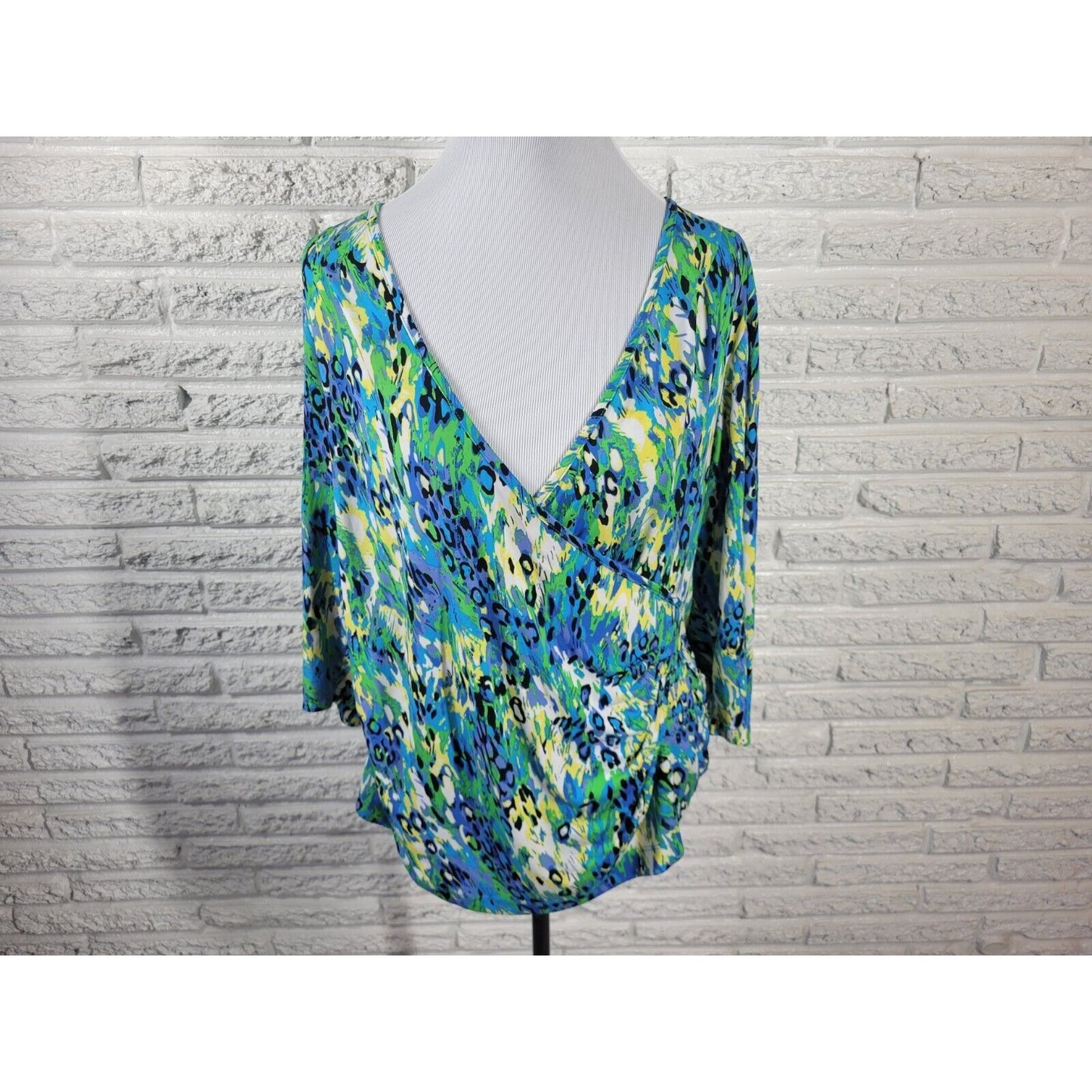 Just My Size Womens Top 1X 18W Plus 3/4 Sleeve Blue Watercolor Draped Career