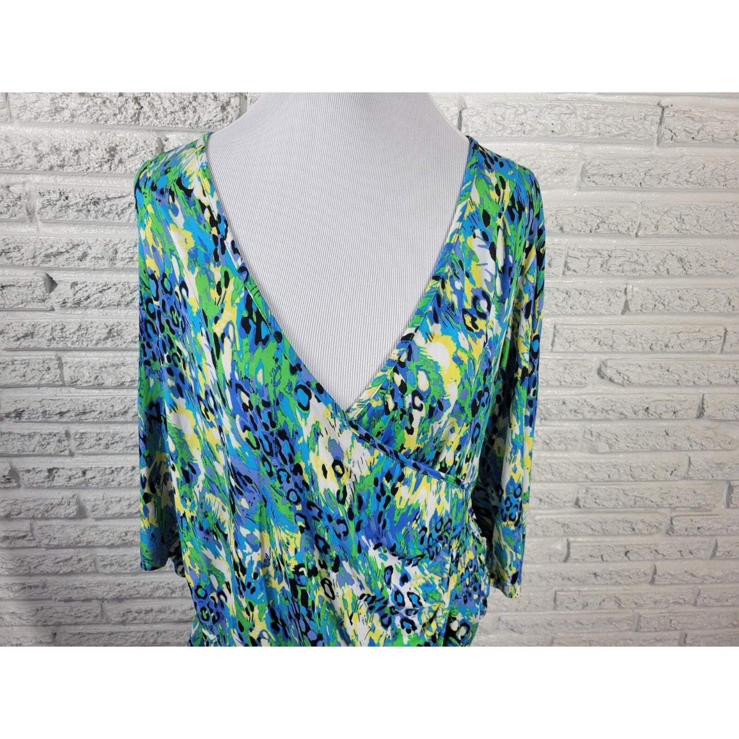 Just My Size Womens Top 1X 18W Plus 3/4 Sleeve Blue Watercolor Draped Career