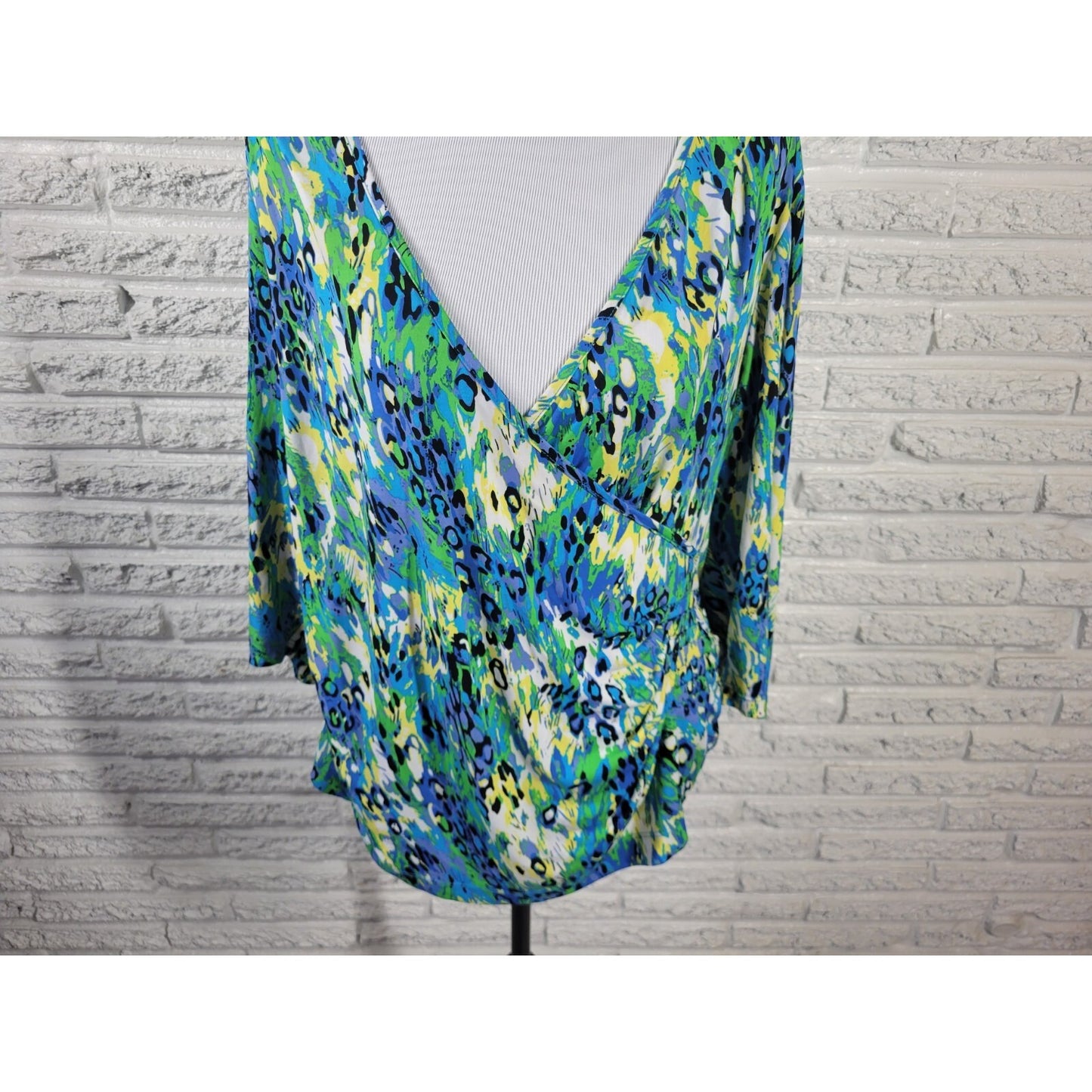 Just My Size Womens Top 1X 18W Plus 3/4 Sleeve Blue Watercolor Draped Career