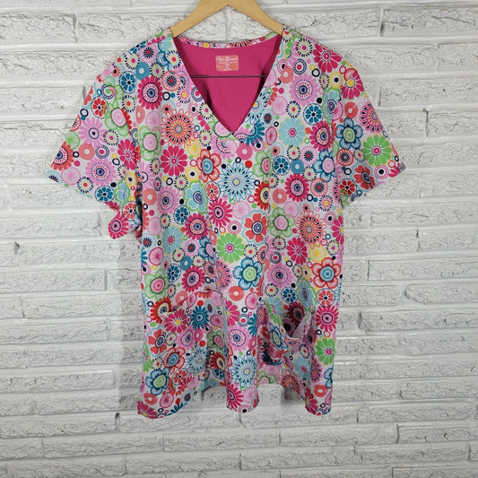 Ava Therese Unisex Scrub Top 3XL Plus Pink Floral Poly Blend Vet Tech Medical
