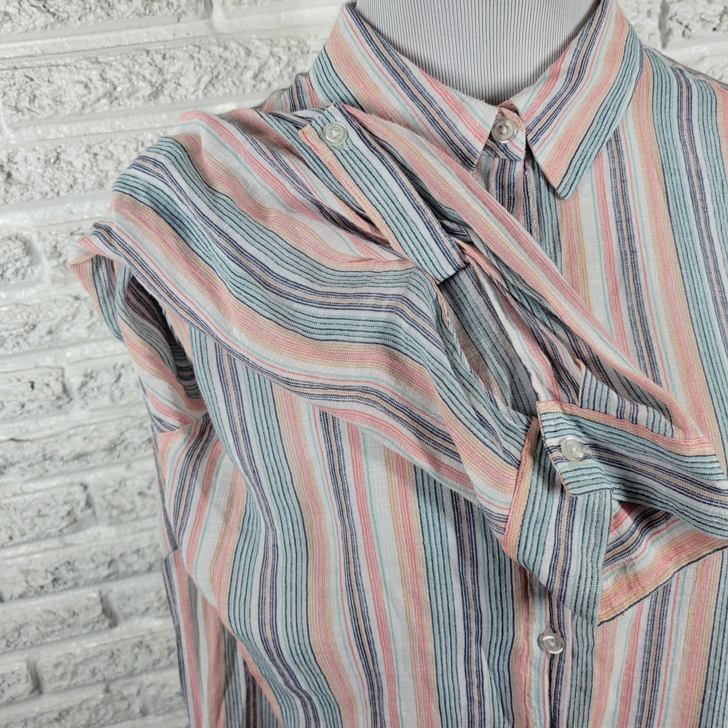 Zac Rachel Womens Top 2X Plus Roll Tab Sleeve Stripe Pink Blue Pastel Button Up