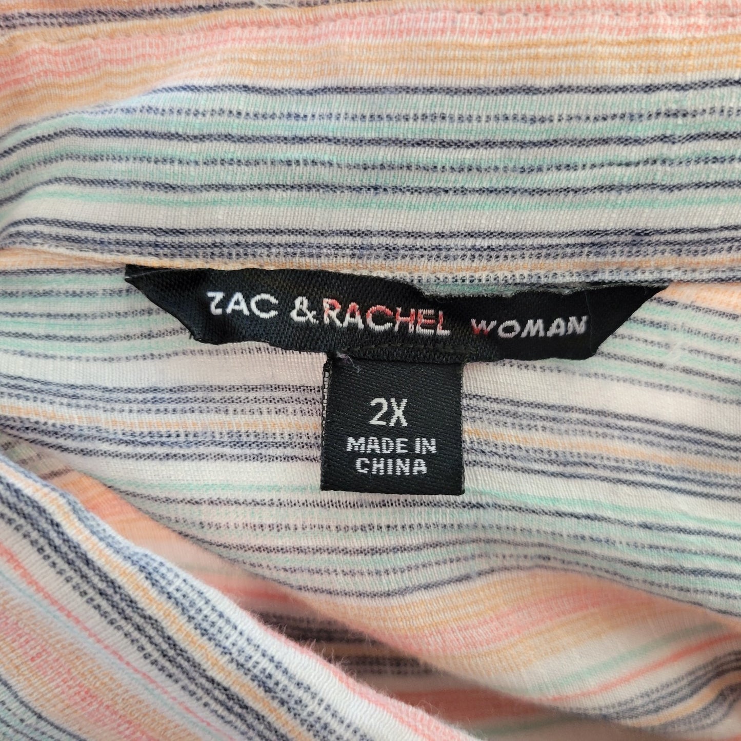 Zac Rachel Womens Top 2X Plus Roll Tab Sleeve Stripe Pink Blue Pastel Button Up