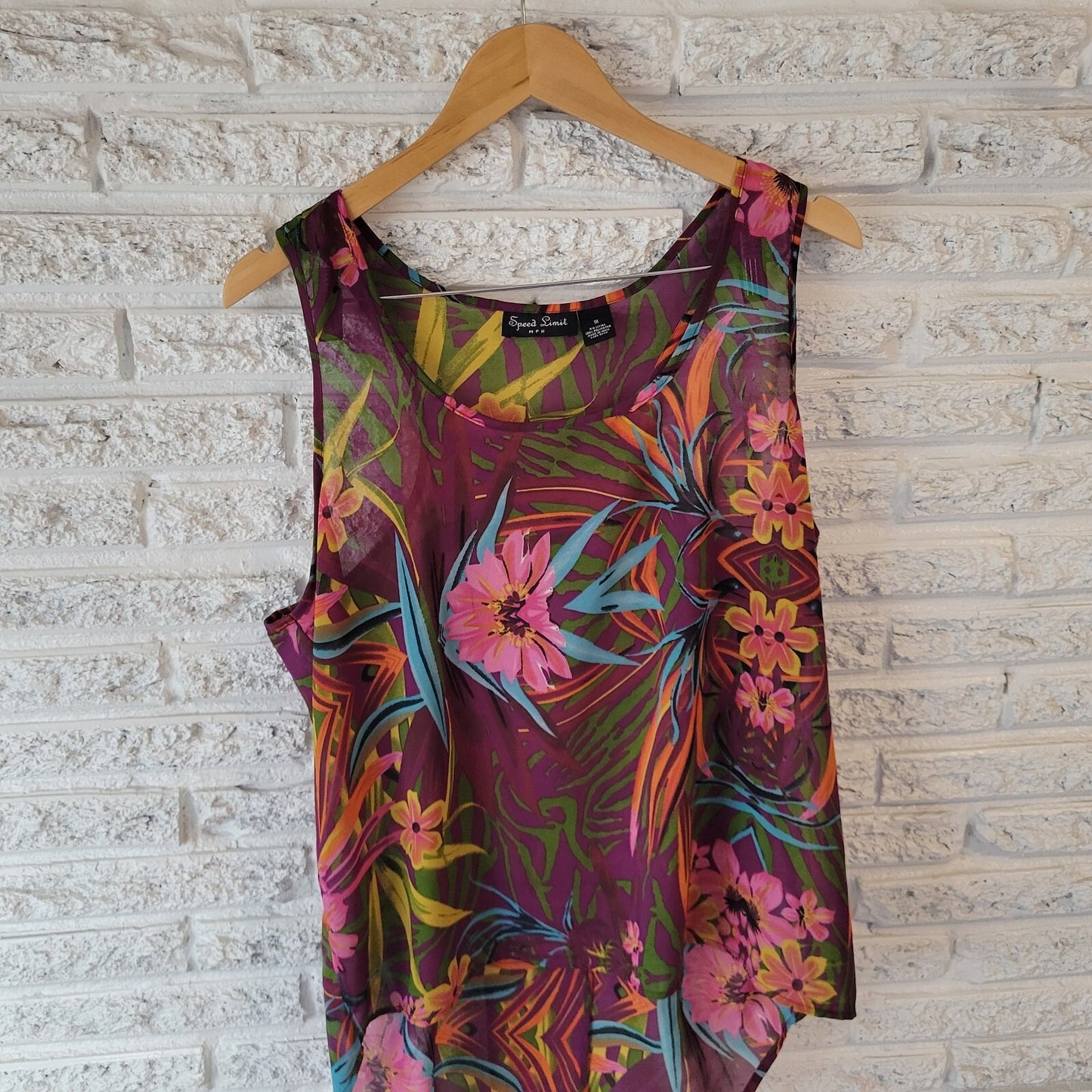 Speed Limit MPR Womens Top 1X Overlay Purple Floral High Low Split Back Sheer