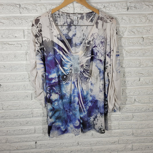 Style Co Women Top 3X Plus Tunic Blue Floral Studded Laser Cut Poly Blend Casual