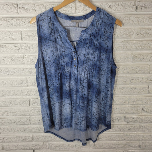 NY Collection Womens Top XL Sleeveless Blue Floral Embroidered Pintucked Comfy