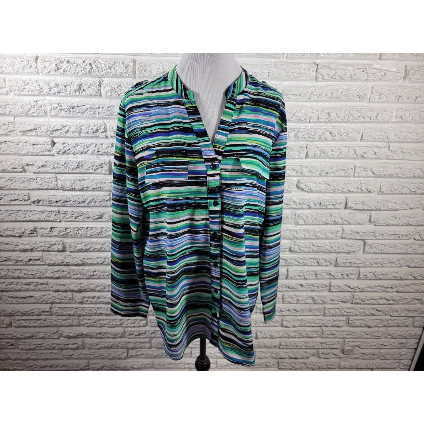 Coral Bay Womens Top Extra Large XL Roll Tab Sleeve Blue Watercolor Stripes