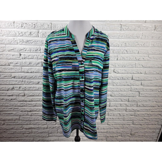 Coral Bay Womens Top Extra Large XL Roll Tab Sleeve Blue Watercolor Stripes