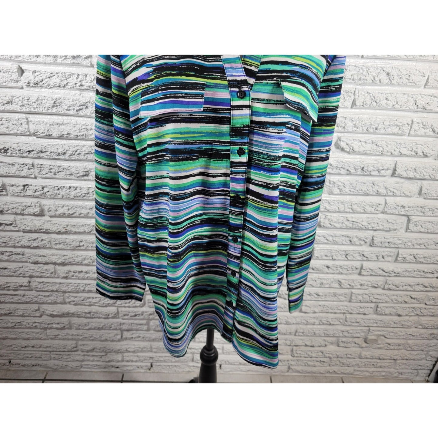 Coral Bay Womens Top Extra Large XL Roll Tab Sleeve Blue Watercolor Stripes