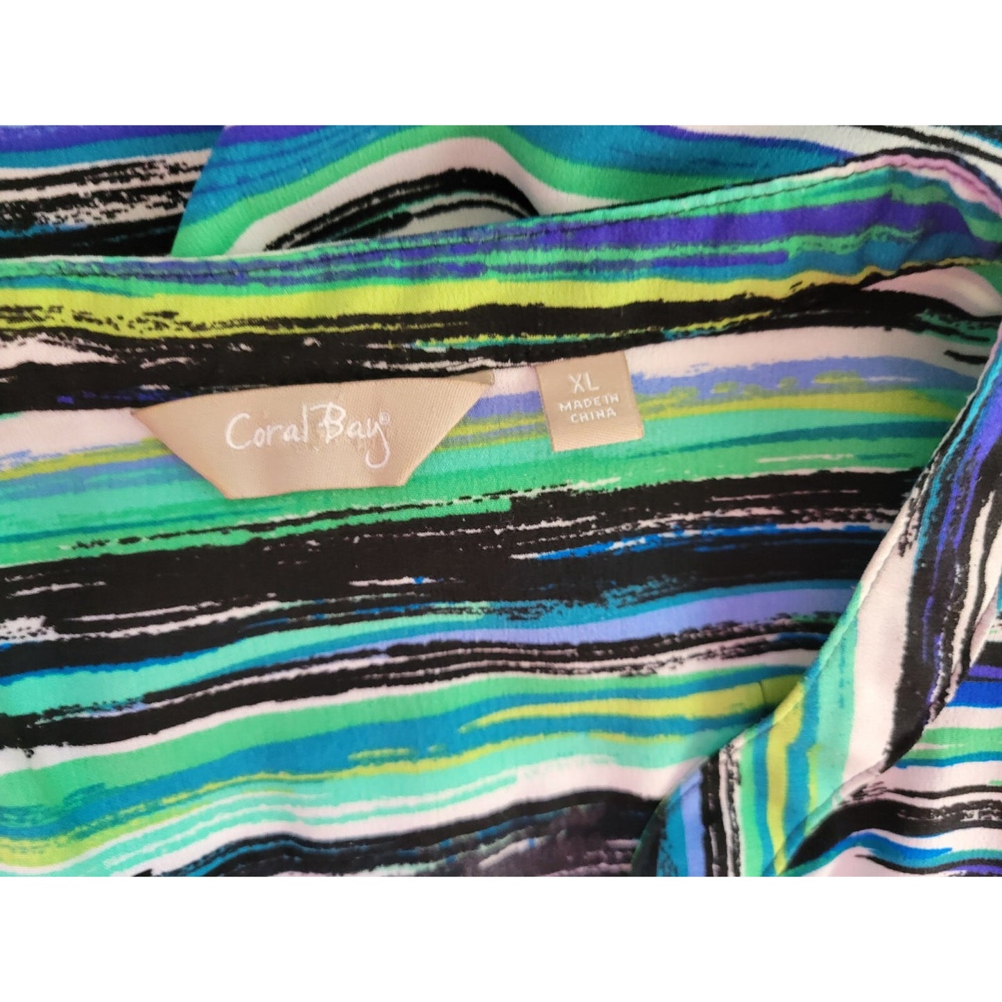 Coral Bay Womens Top Extra Large XL Roll Tab Sleeve Blue Watercolor Stripes