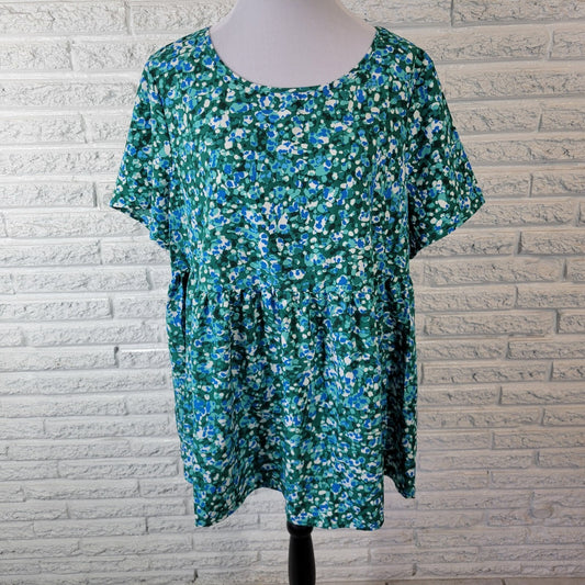 Emery Rose Womens Top 2XL Plus Tunic Baby Doll Green Watercolor Poly Blend