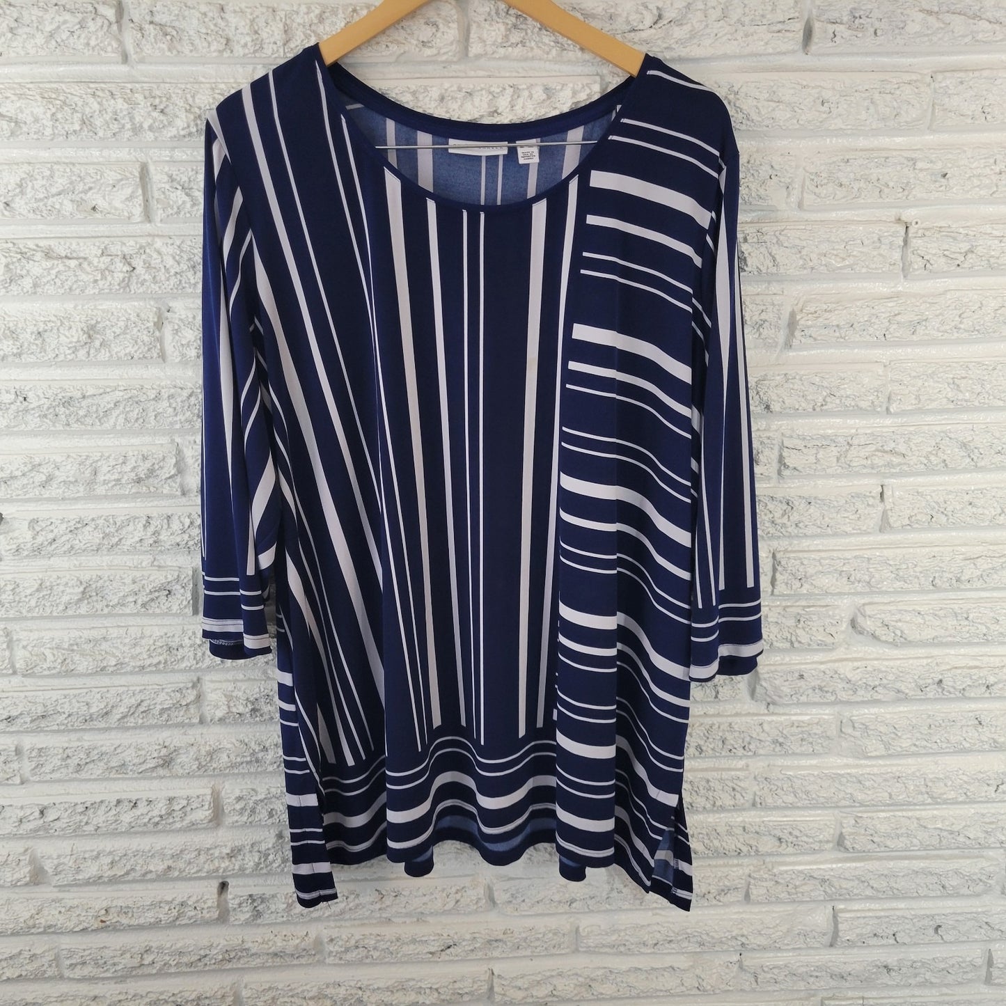 Susan Graver QVC Womens Top 3X Plus Tunic 3/4 Sleeve Poly Blend Blue Stripe