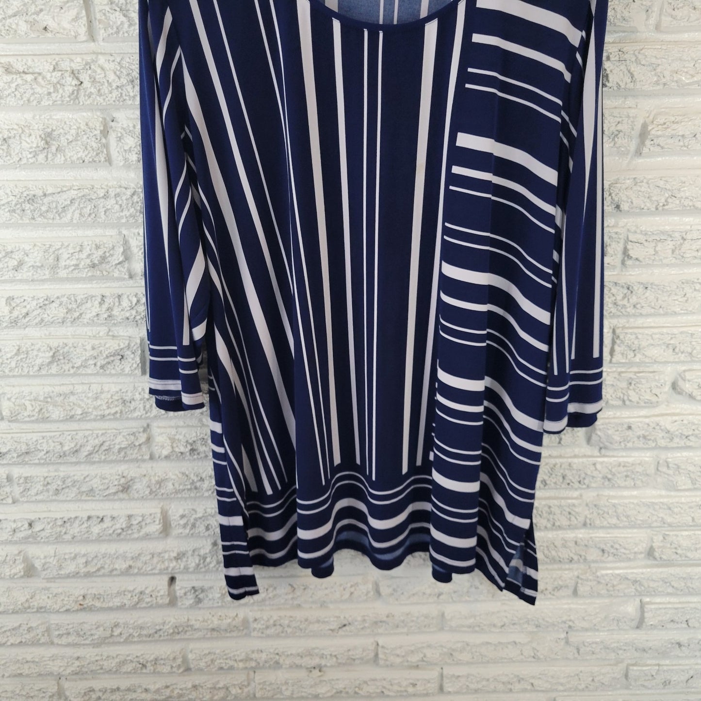 Susan Graver QVC Womens Top 3X Plus Tunic 3/4 Sleeve Poly Blend Blue Stripe