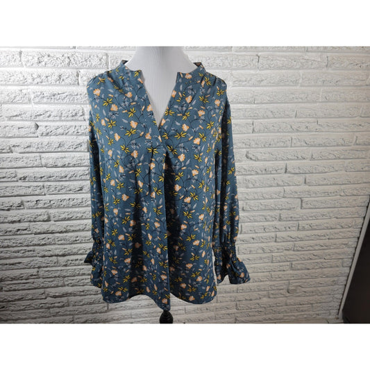 Ellos Womens Top 20 Plus Pullover Long Bell Sleeve Polyester Blue Yellow Floral
