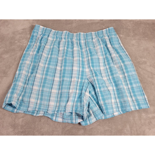 Roamans Women Shorts 30W Plus Blue Plaid Elastic Waist Seersucker Cotton Pockets