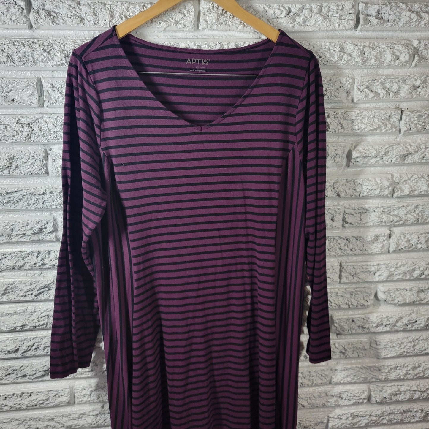 Apt 9 Womens Dress 1X Plus  Long Sleeve Knit Purple Black Stripe Poly Blend
