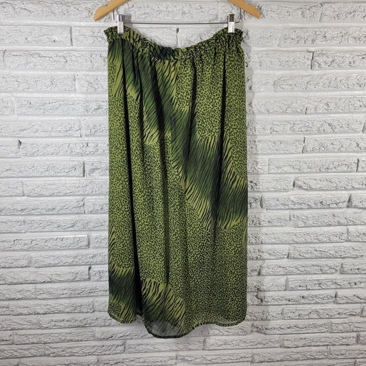 Kaktus Womens Skirt 2X Pull On Green Black Animal Print Lightweight Sheer Lined