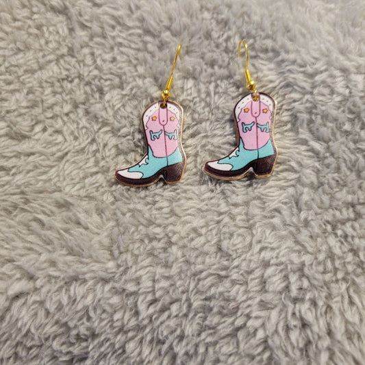 Pink Blue Cowgirl Boot Earrings Gold Tone Western Rodeo Dangle Drop Colorful