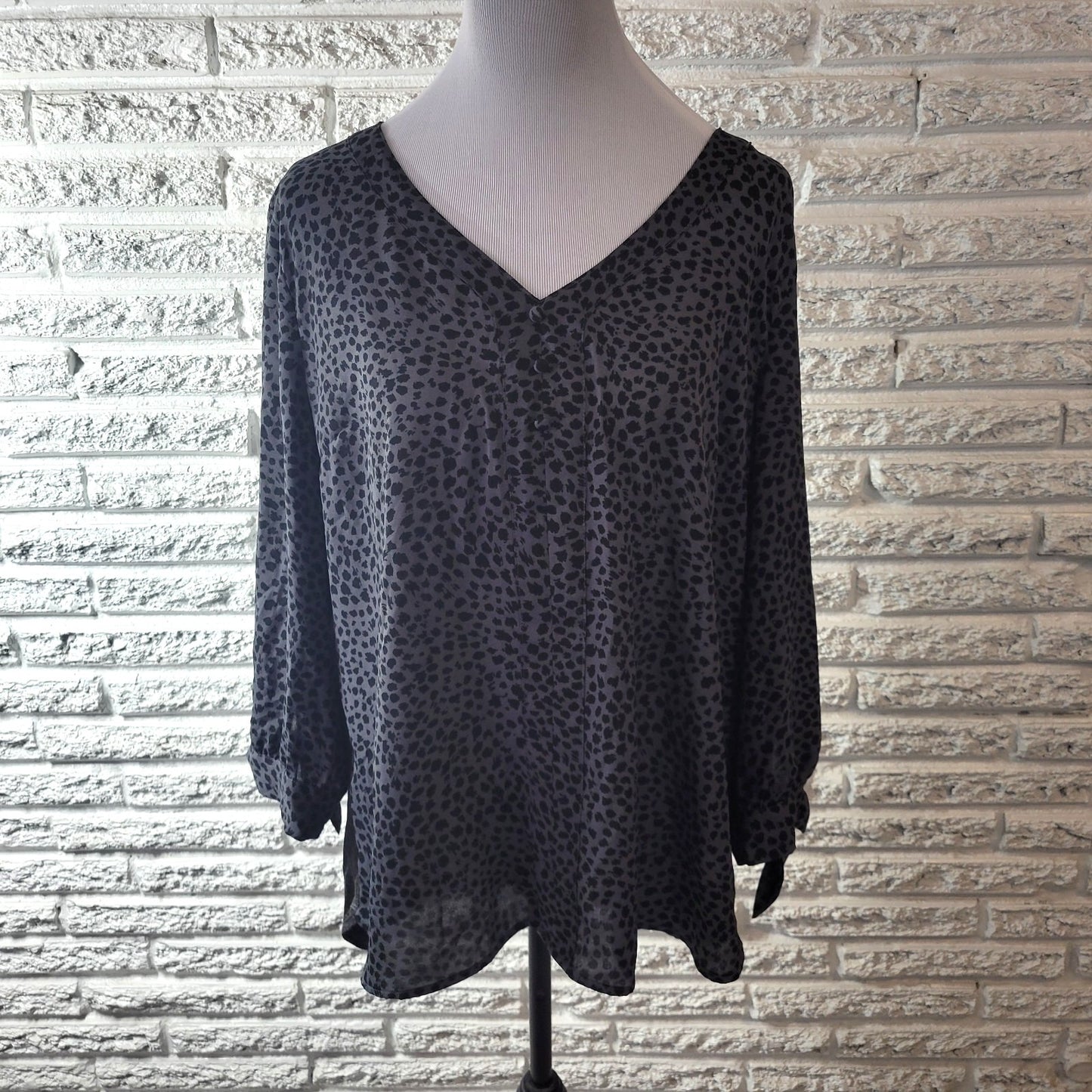 Fortune Ivy Womens Top XXL Plus Tied 3/4 Sleeve Polyester Gray Animal Print