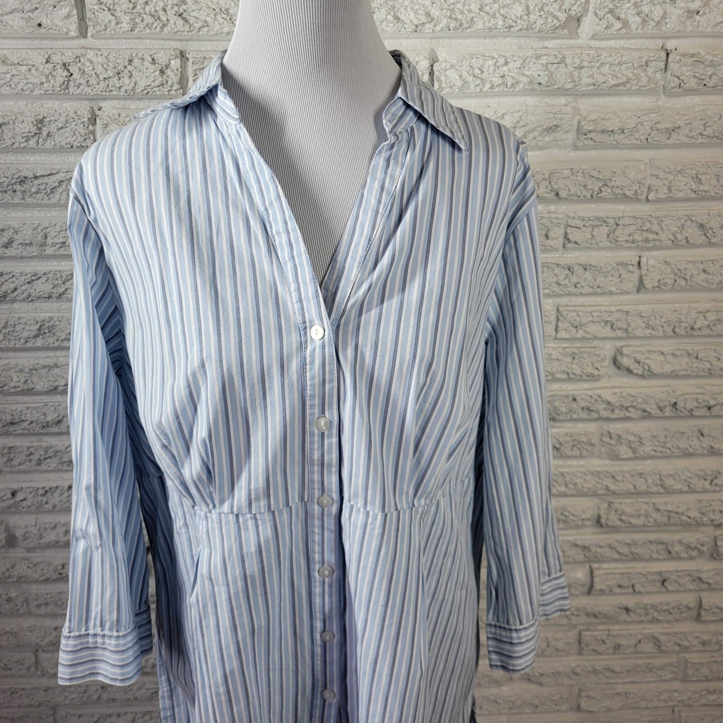 Basic Editions Womens Top 1X 3/4 Sleeve Collar Lightweight Blue Stripe Button Up