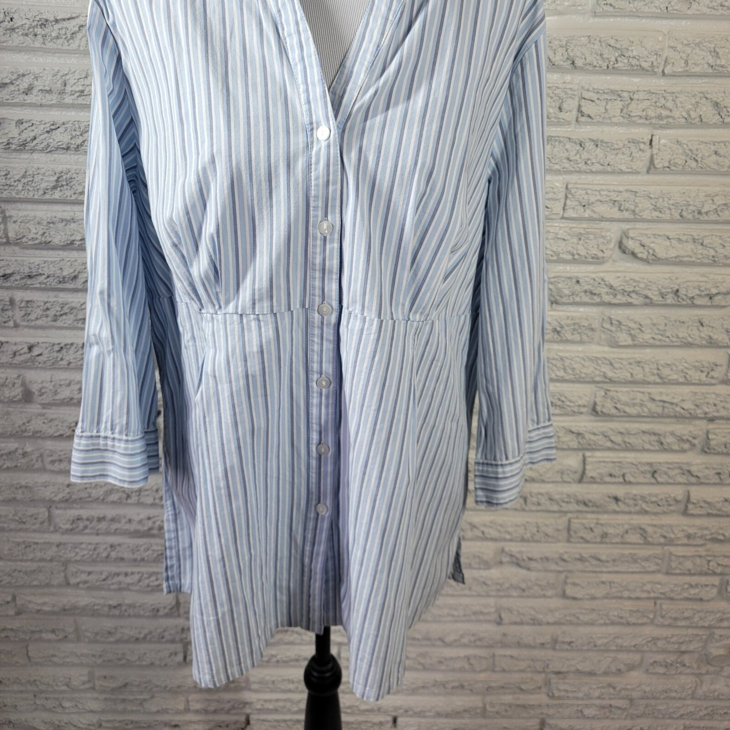 Basic Editions Womens Top 1X 3/4 Sleeve Collar Lightweight Blue Stripe Button Up