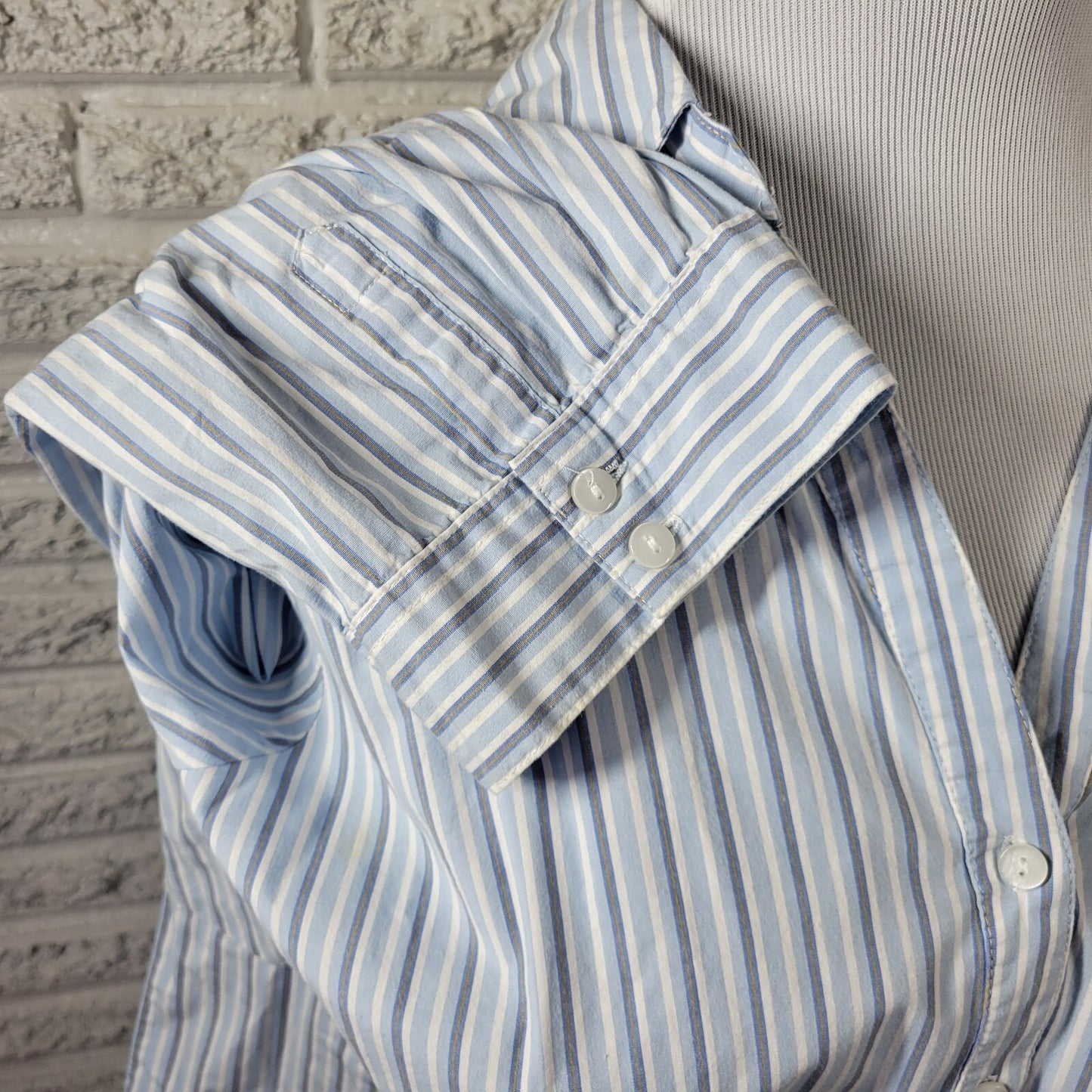 Basic Editions Womens Top 1X 3/4 Sleeve Collar Lightweight Blue Stripe Button Up