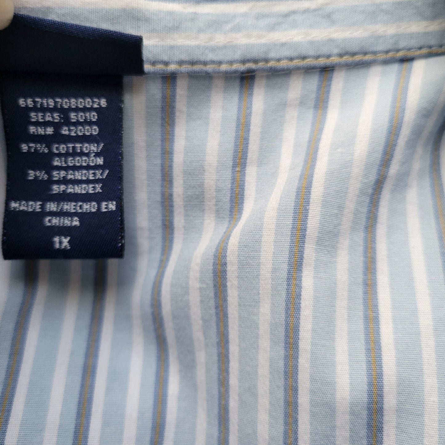 Basic Editions Womens Top 1X 3/4 Sleeve Collar Lightweight Blue Stripe Button Up