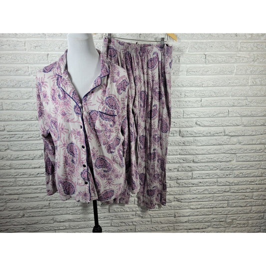 Liz Claiborne Womens Pajama Set Extra Large XL Purple Paisley Loungewear Collar