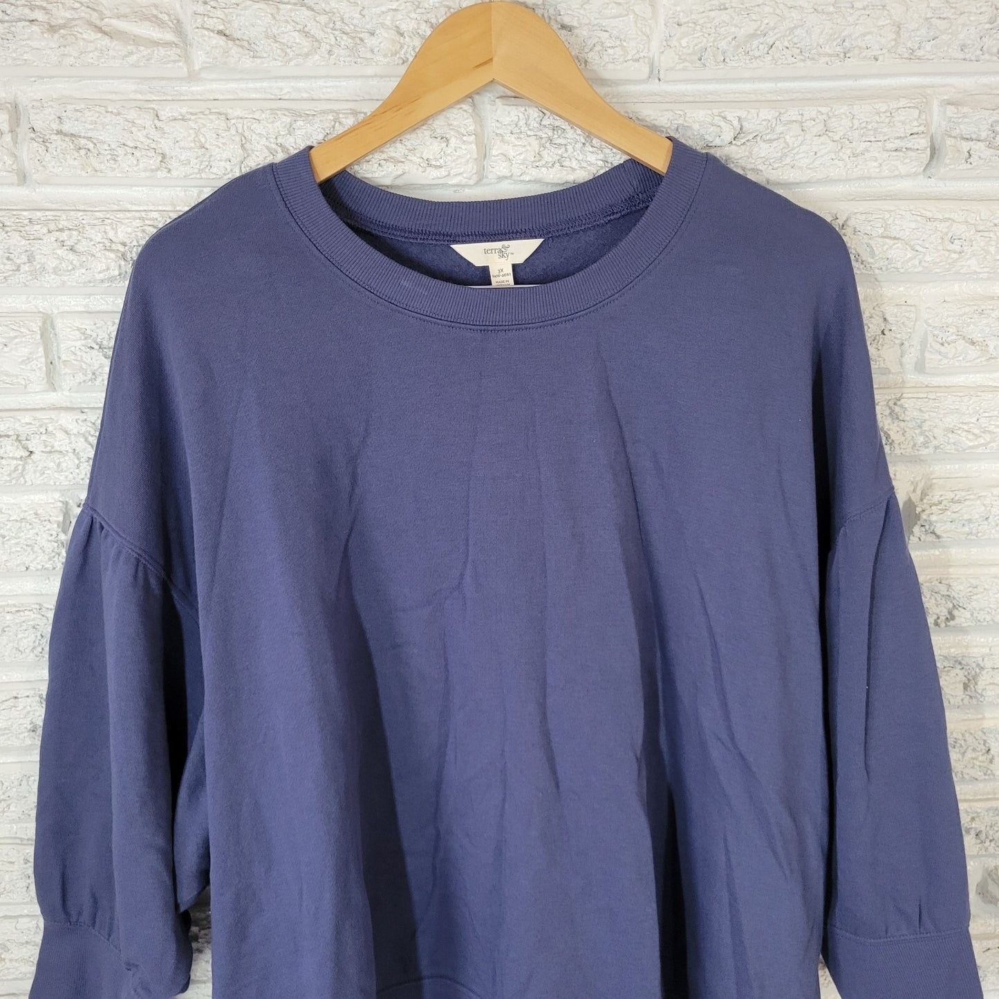 Terra Sky Women Sweatshirt 3X Plus 3/4 Puff Sleeve Blue Cotton Blend Activewear
