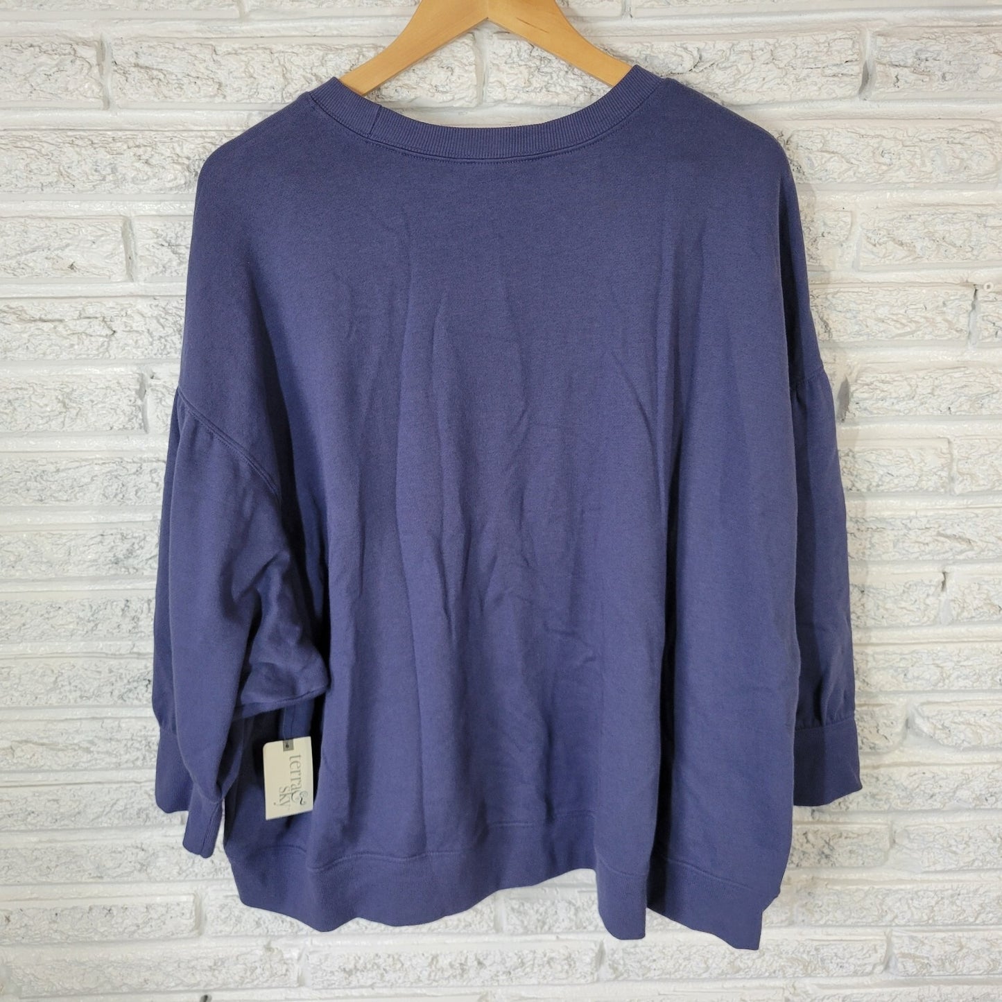 Terra Sky Women Sweatshirt 3X Plus 3/4 Puff Sleeve Blue Cotton Blend Activewear