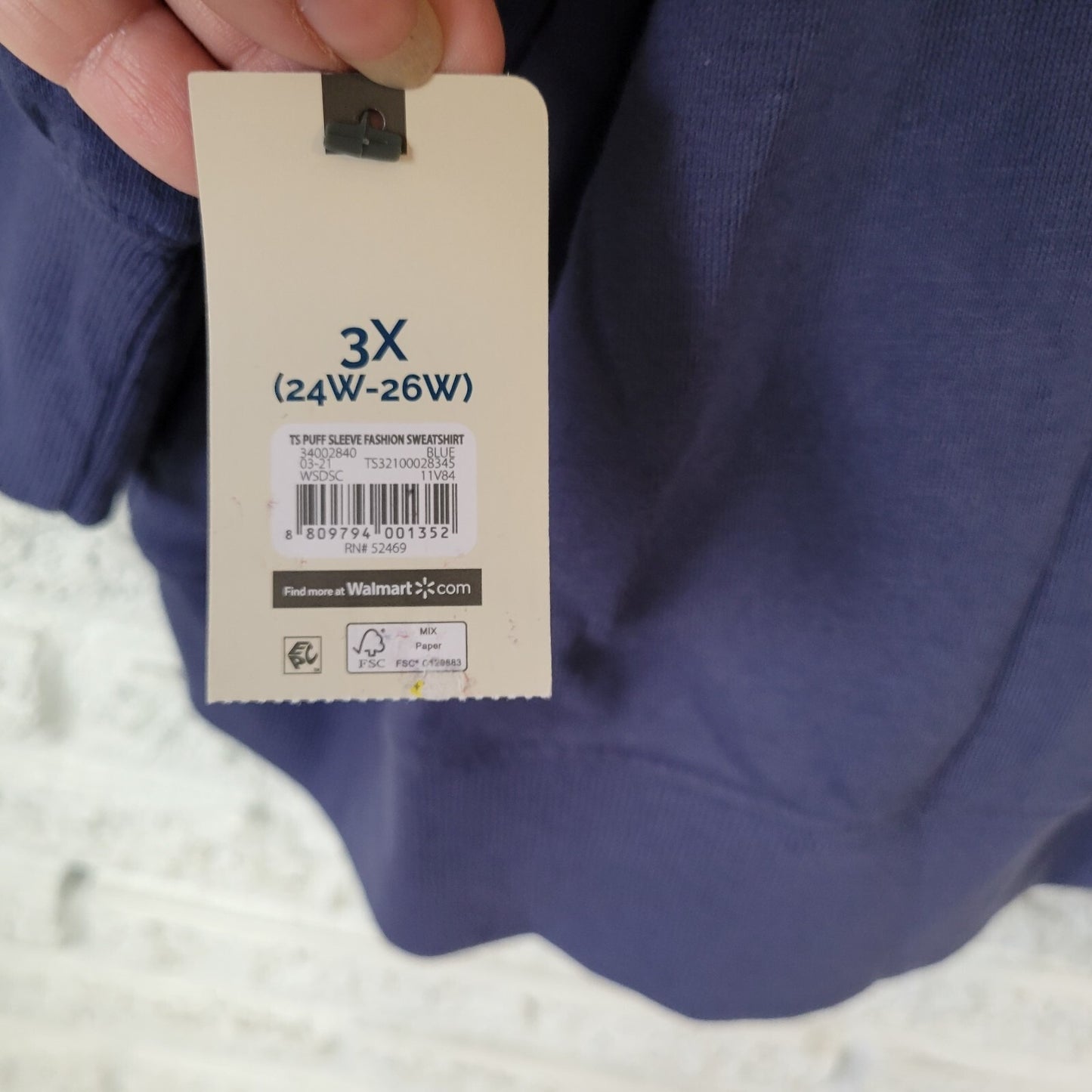 Terra Sky Women Sweatshirt 3X Plus 3/4 Puff Sleeve Blue Cotton Blend Activewear