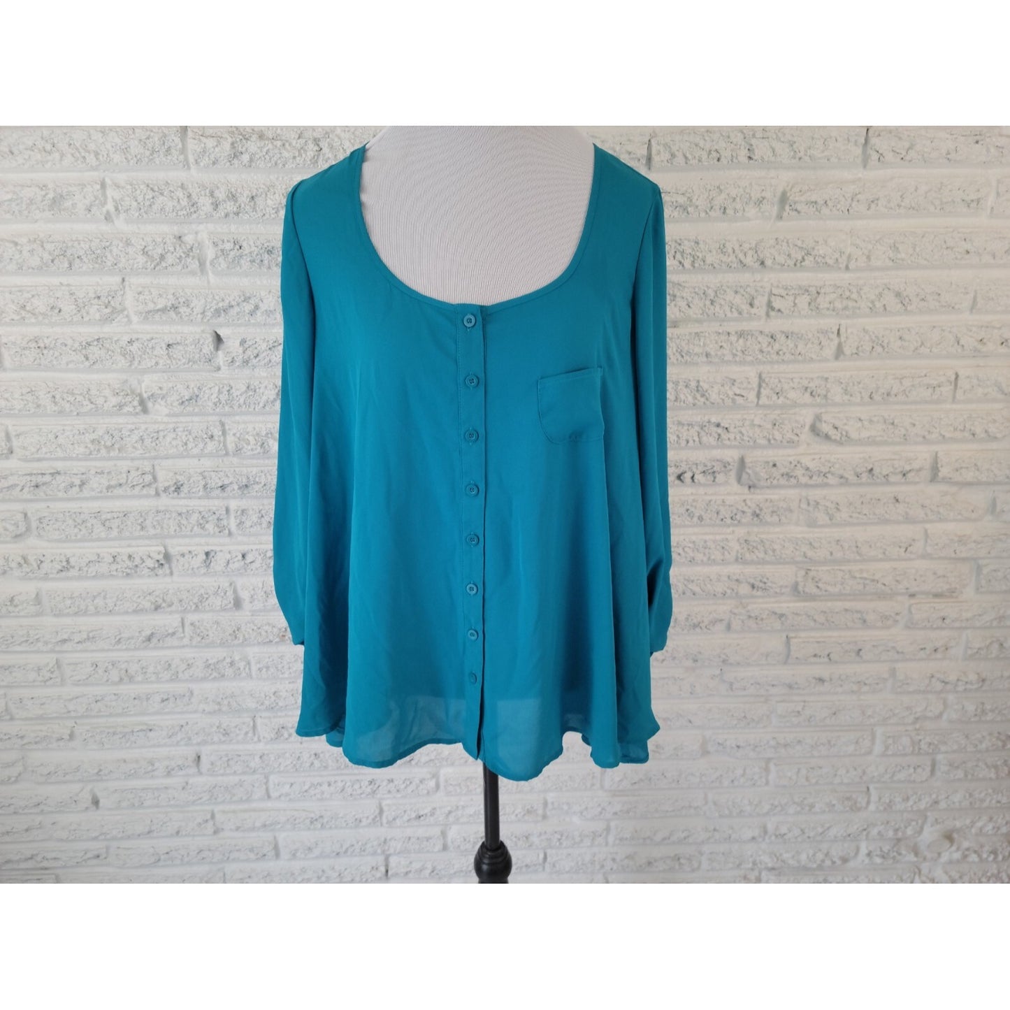 Valerie Stevens Womens Top 1X Plus Ruched 3/4 Sleeve Button Up Polyester Blue