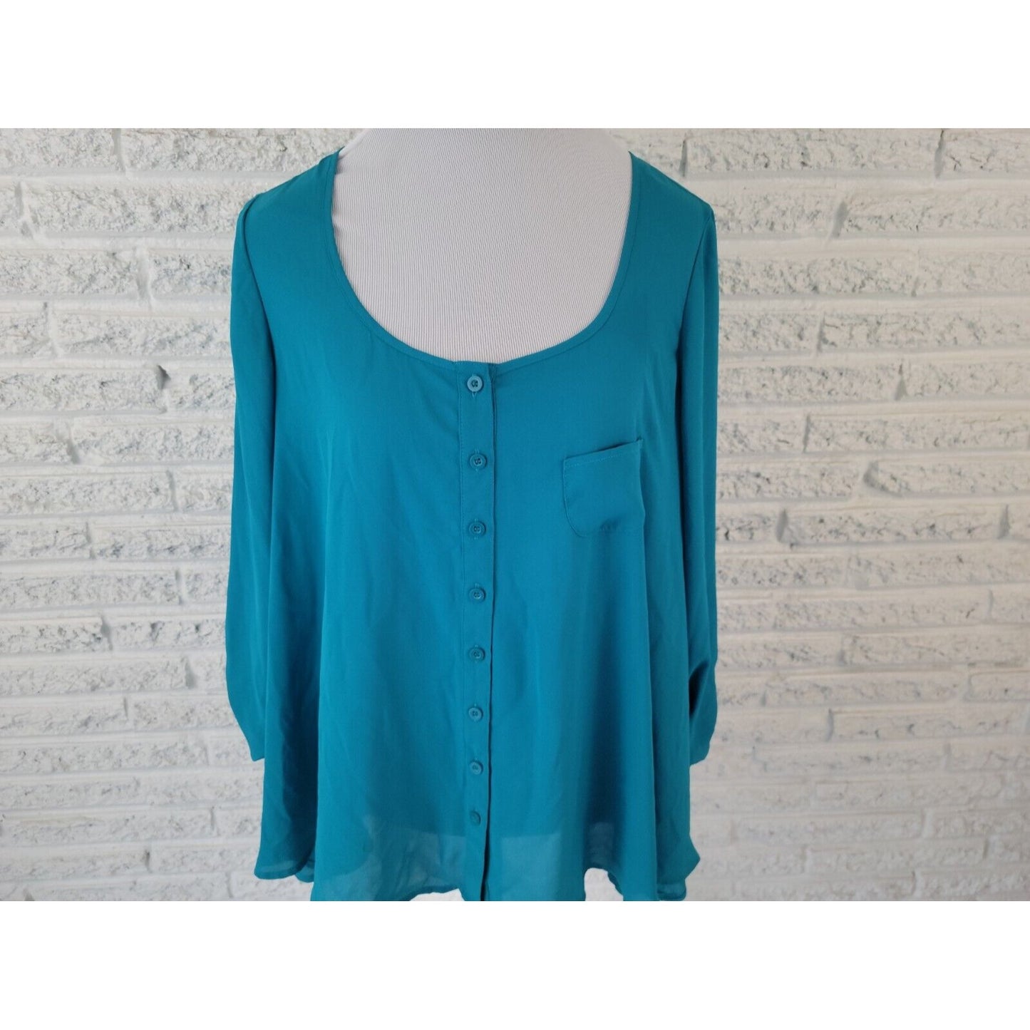 Valerie Stevens Womens Top 1X Plus Ruched 3/4 Sleeve Button Up Polyester Blue