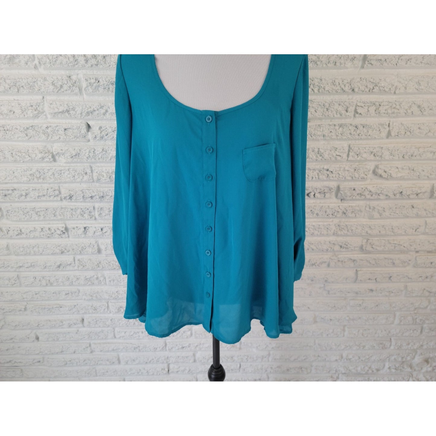 Valerie Stevens Womens Top 1X Plus Ruched 3/4 Sleeve Button Up Polyester Blue