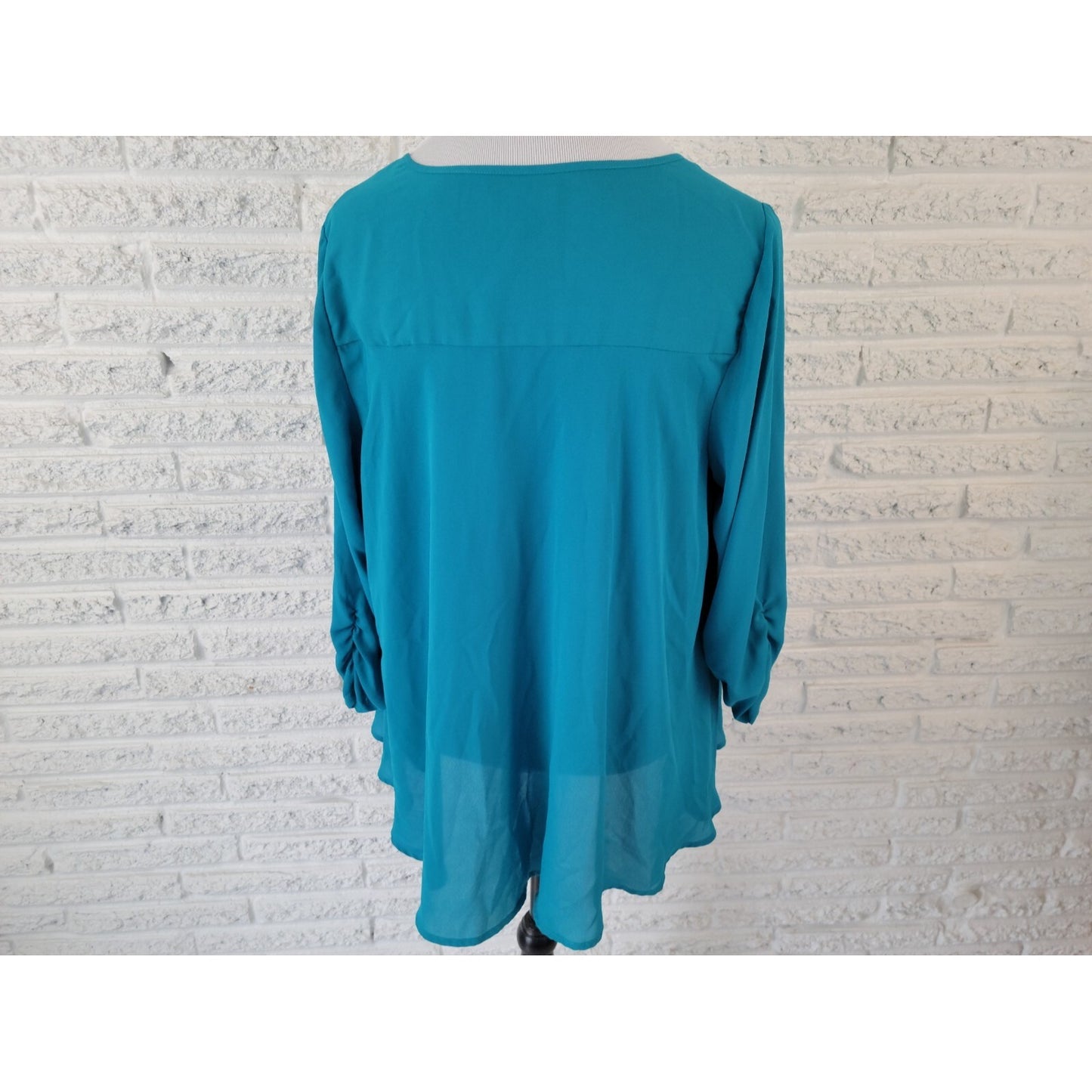 Valerie Stevens Womens Top 1X Plus Ruched 3/4 Sleeve Button Up Polyester Blue