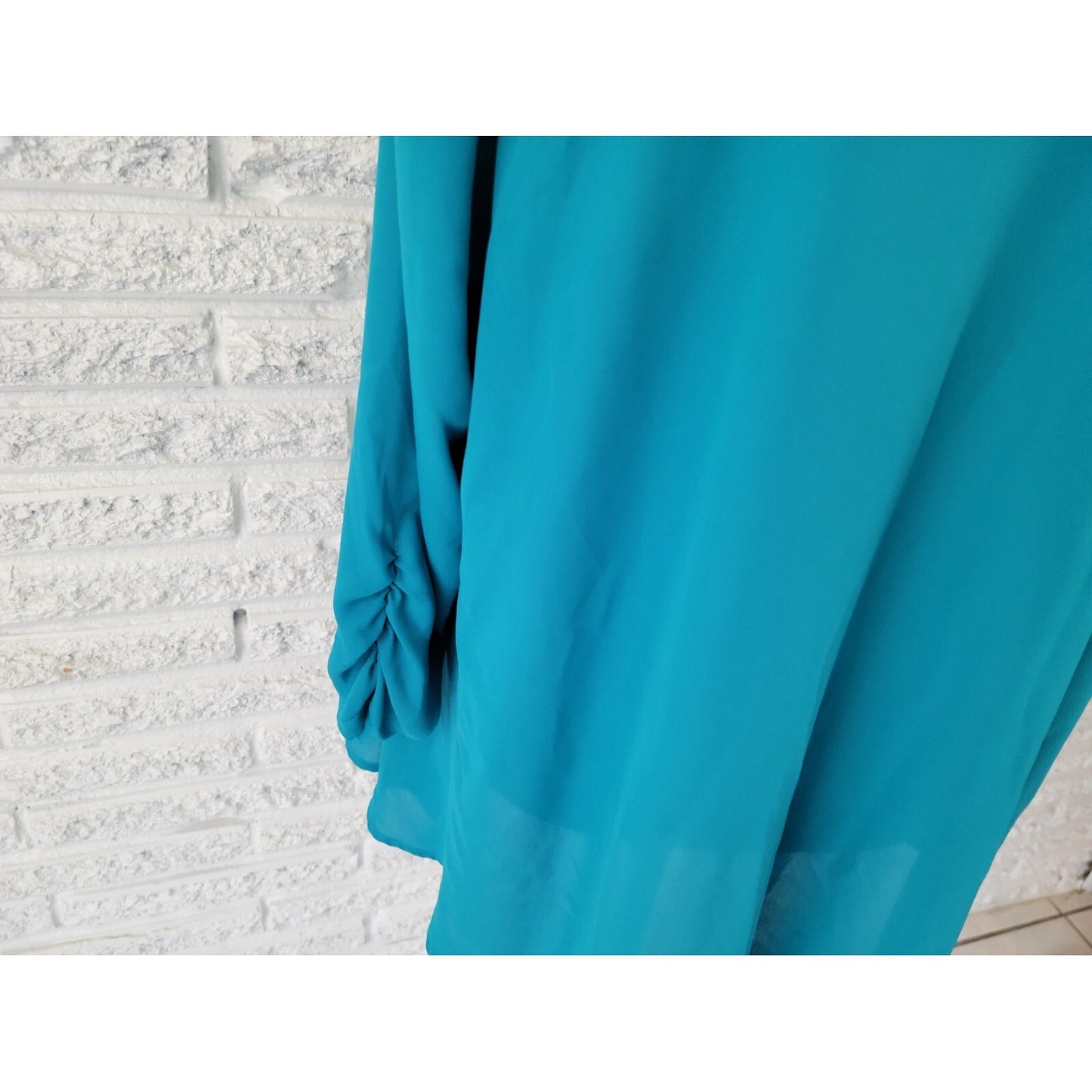 Valerie Stevens Womens Top 1X Plus Ruched 3/4 Sleeve Button Up Polyester Blue