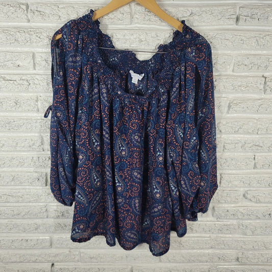 Boutique Women Top 3X Plus 3/4 Split Sleeve Blue Paisley On Off Shoulder Smocked