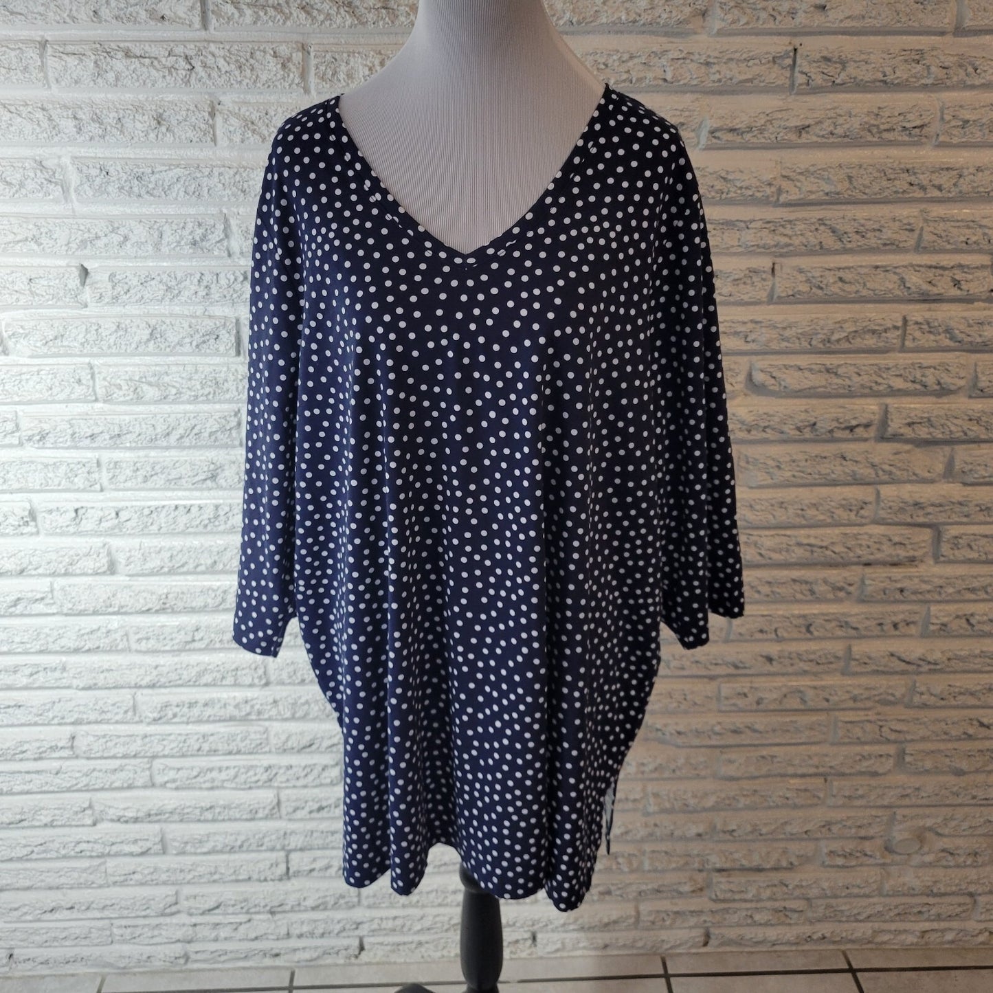 Woman Within Plus Size 2X Blue White Polka Dot Blouse 3/4 Sleeve V-Neck Cotton