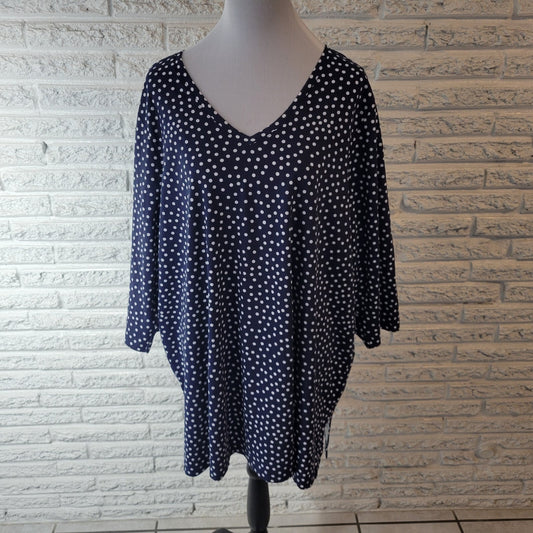 Woman Within Plus Size 2X Blue White Polka Dot Blouse 3/4 Sleeve V-Neck Cotton